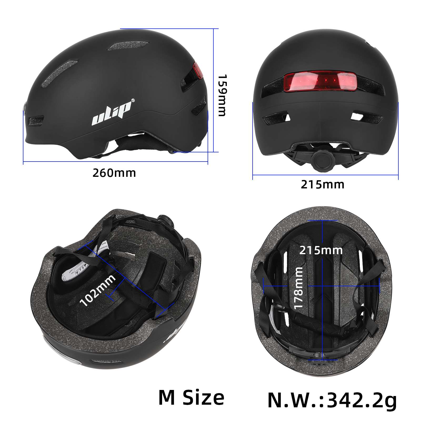 Ulip შავი M ზომის U002 ჩაფხუტი ნათურით [125]